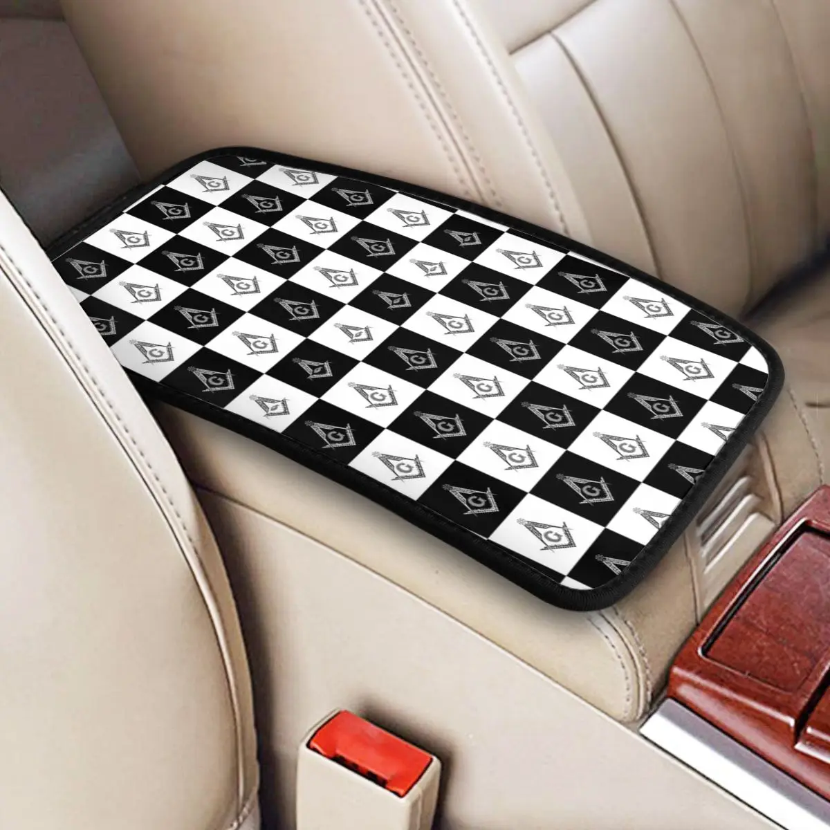 Center Handle Box Pad Cushion Freemason Checkered Pattern Car Armrest Cover Mat Masonic Mason Auto Styling Interior Accessories