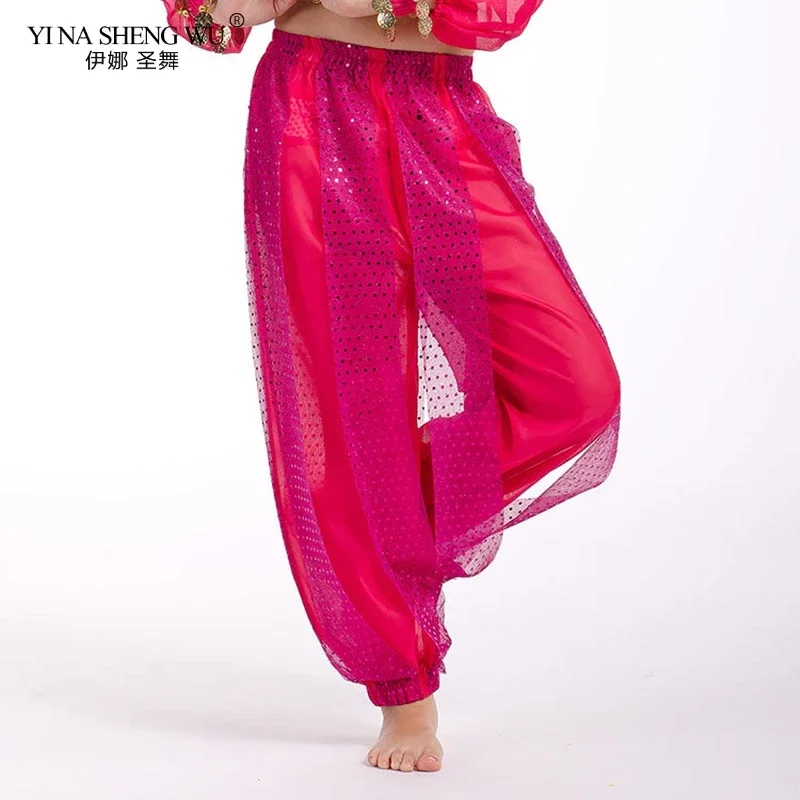 Grils Belly Dance Costume Pants India Dance Stage Performance Harem Pants For Kid's Dance Practice Show Sequined Wide Leg Pants
