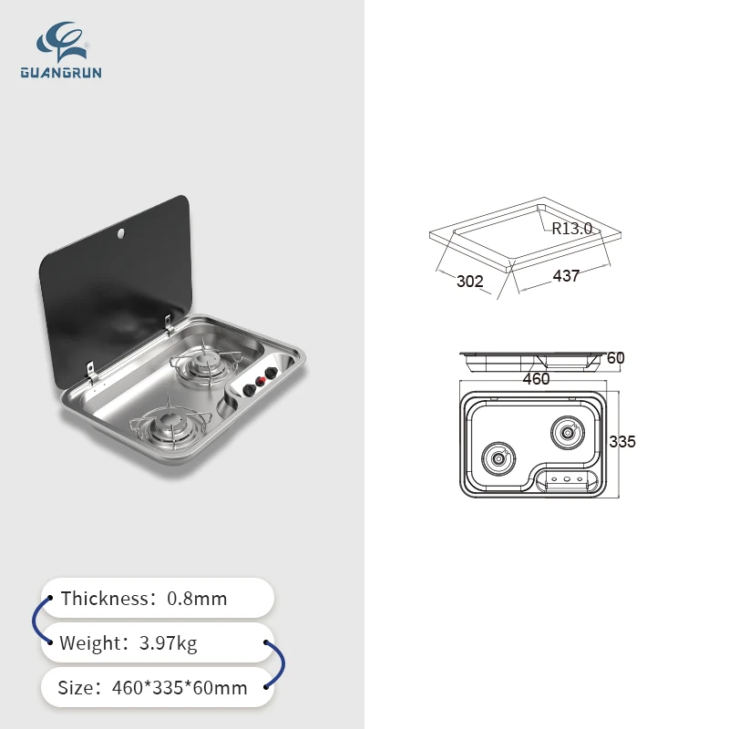 High Quality GUANGRUN GR-910 Domestic Two-Burner Gas Hob Tempered Glass Lid 2x1.4kW Piezoelectric Ignition For Kitchen RV