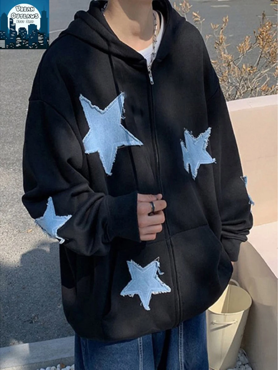 Gothic Y2K Star Printed Hoodies Women Harajuku Retro Hip Hop Zip Up Hoodie Loose Man Hoodie Jacket with Pocket Clothes