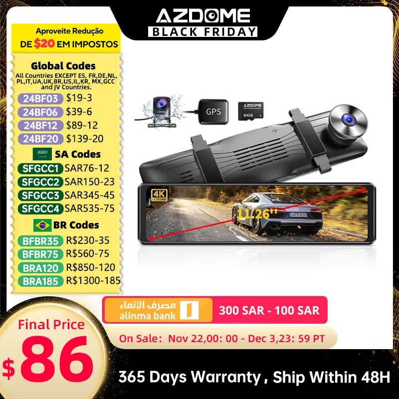 AZDOME PG19X Mirror Dash Cam Front and Rear 4K View Mirror Camera with GPS WiFi Dual Dash Cam for Cars Waterproof Backup Camera