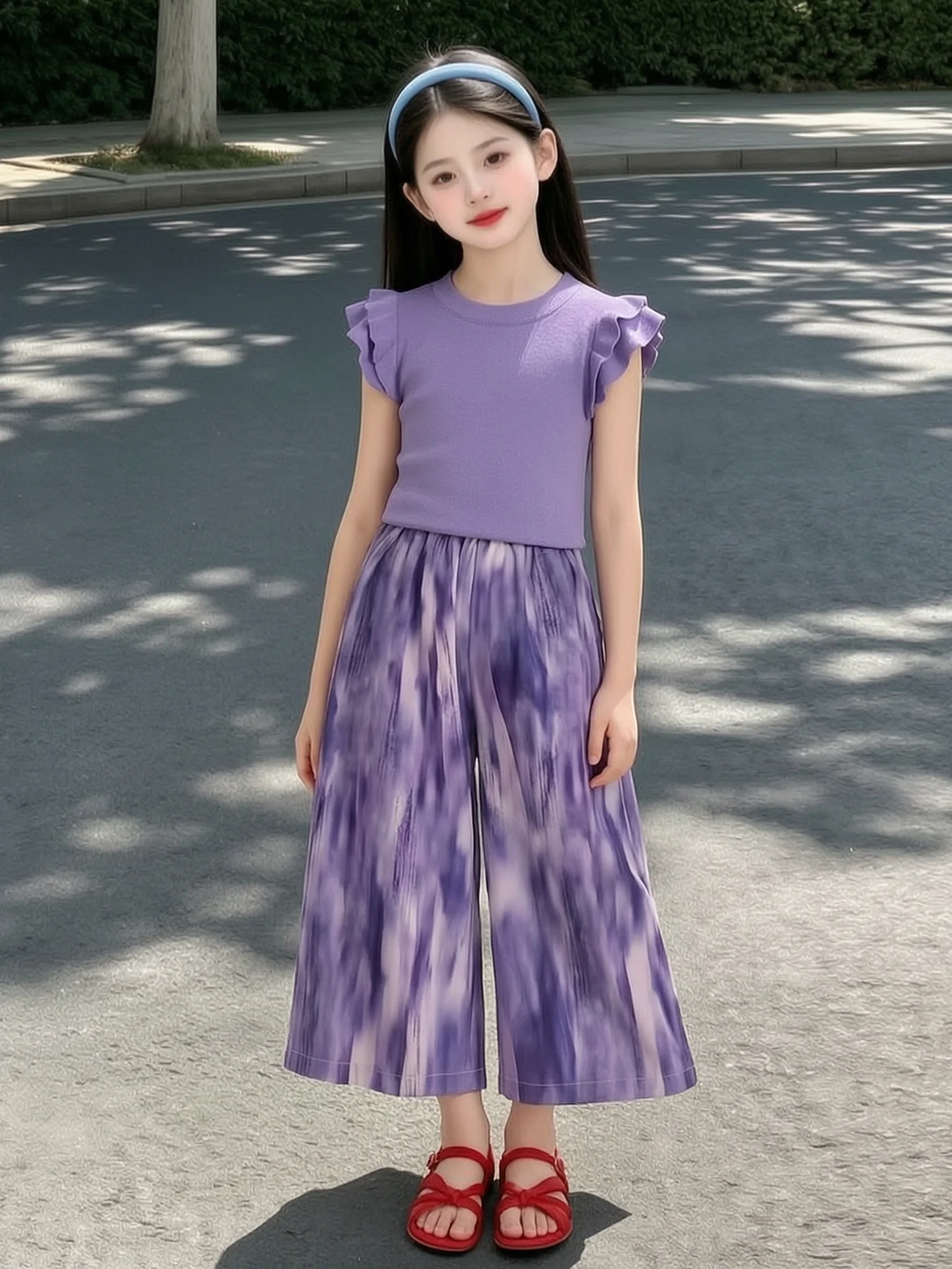 

Girls Summer Casual Short Sleeve Two-Piece Set Sweet Fashionable Top And Pants Ensemble High Waist Design for Young Girls