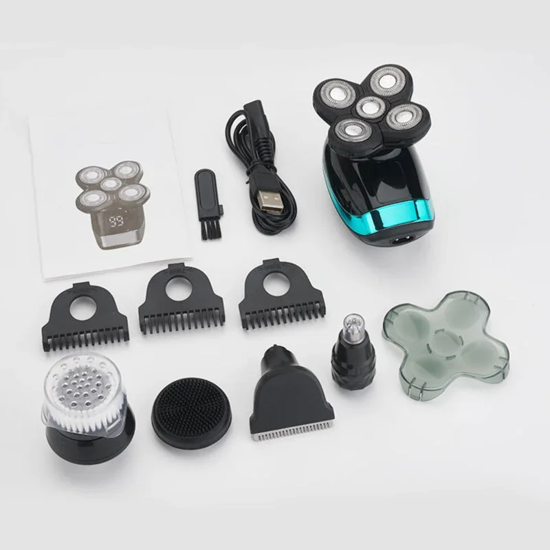 5 In 1 Men's Electric Shaver Bald Head USB Rechargeable 5 Floating Heads Beard Nose Ear Hair Trimmer Razor Clipper Facial Brush