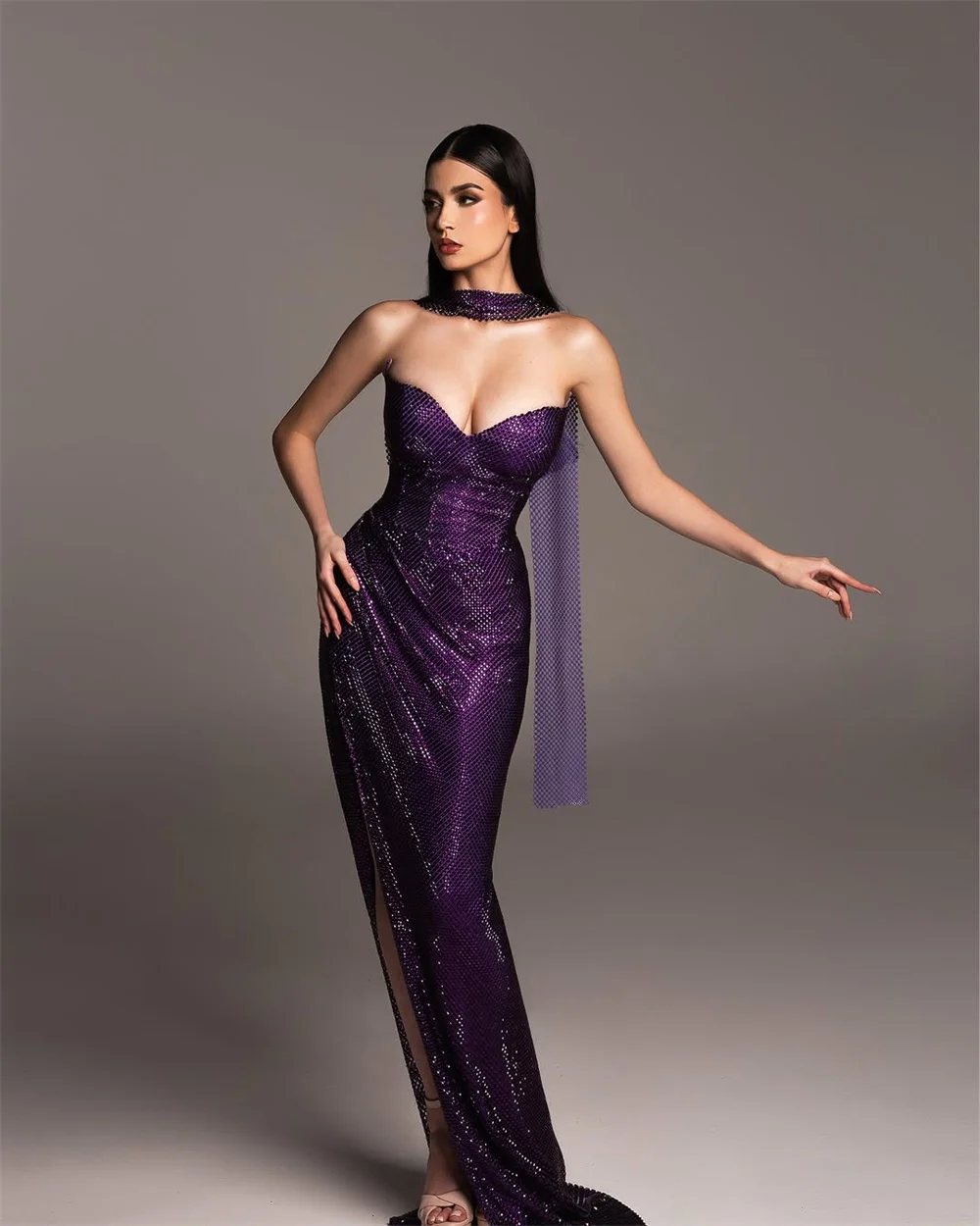 ميلا الأرجواني مع وشاح فساتين لحضور الحفلات الموسيقية بدون حمالات بدون أكمام مخصصة رسمية للسهرات الجانبية فتحة عالية مثير فيستدوس دي فييستا 2025