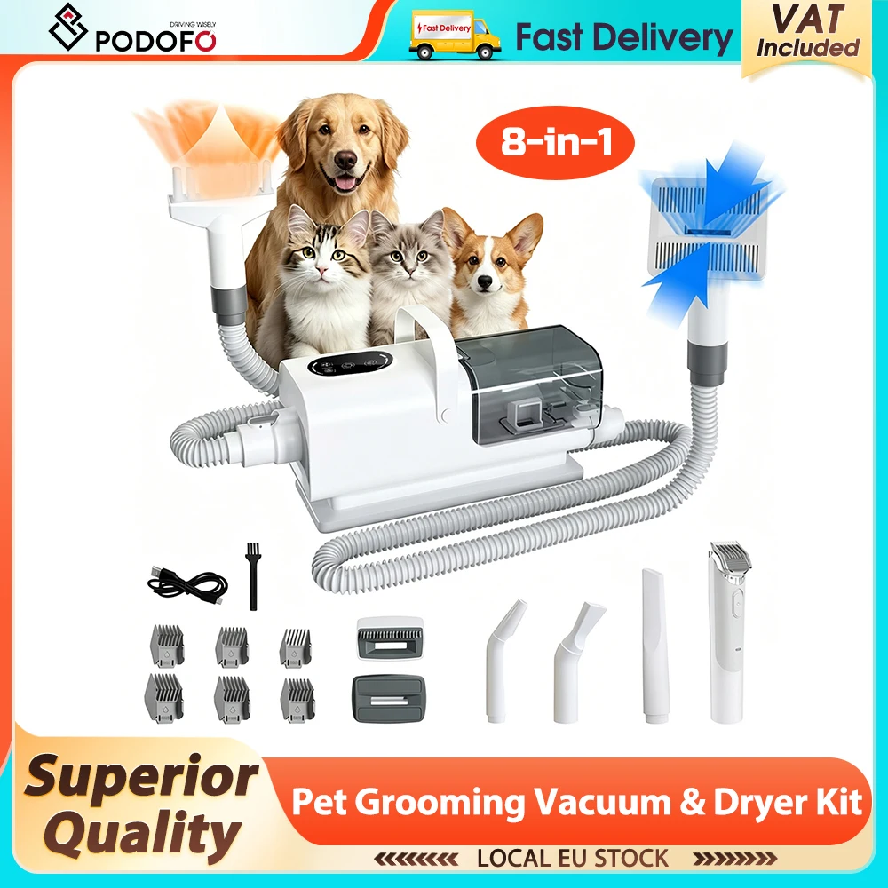 Podofo Sèche-cheveux pour animaux de compagnie, kit de toilettage et aspirateur 8-en-1, aspirateur à poils de chien, réservoir de poussière 2,2 L, faible bruit, kit de toilettage pour chats et chiens, sèche-cheveux à 3 vitesses et températures réglables