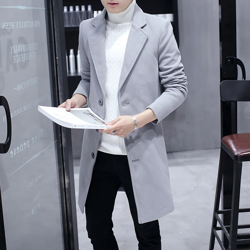 

Autumn Winter Thiened Men's Woolen Coat Korean Sle Slim Fit Windbreaker Middle Length Youth Student Cloak Double Layer Co...