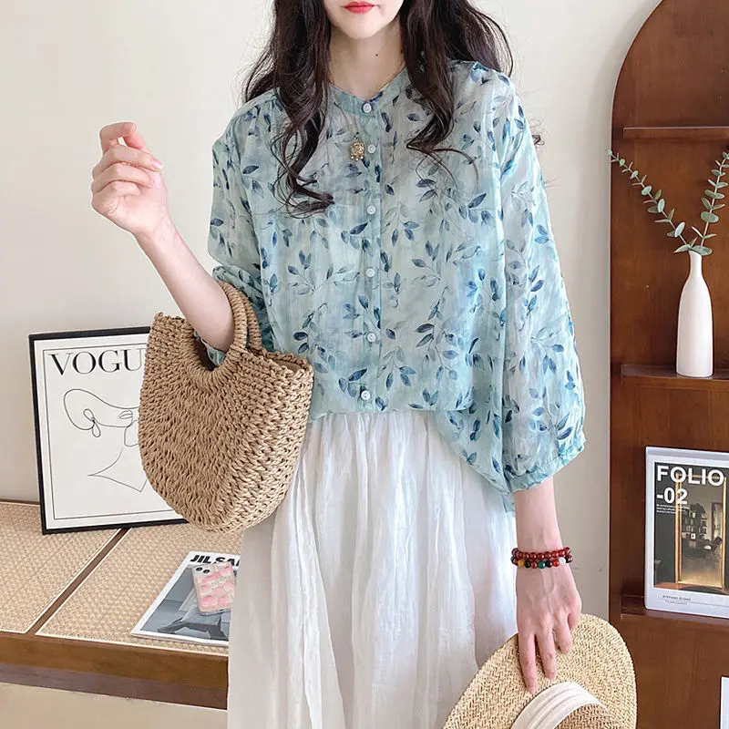 

2023 Women's Clothing New Loose Fashion Casual Printing Three-quarter Sleeve Temperament Button Round Neck Spring Summer Blouses