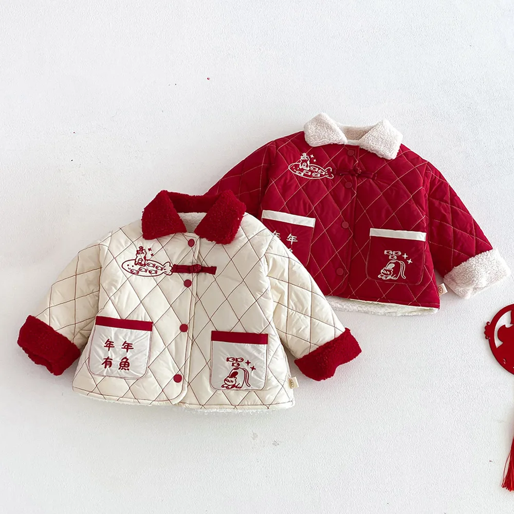 أطفال ملابس الأولاد الشتاء سترة المخملية الدافئة التطريز السنة الصينية الجديدة الأطفال معاطف بدوره إلى أسفل طوق عيد الميلاد ملابس خارجية #1