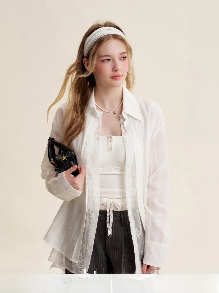 

Kroche Romantic Lace Splice Double Button Soft Lyocell irt Fake Two-Piece Vintage Commute Sle Loose Fit Long Sve Women...