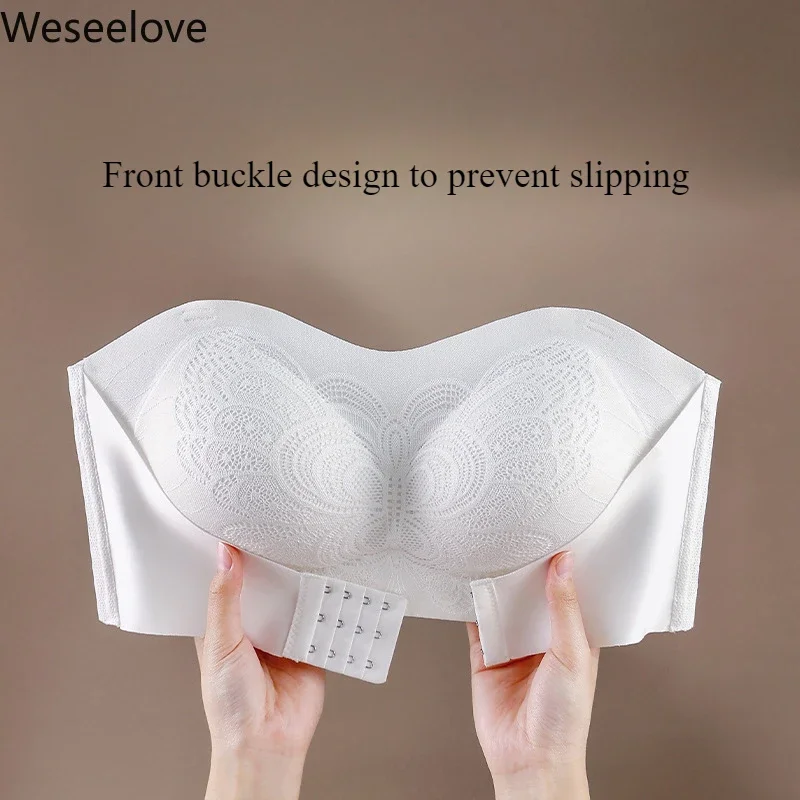 Weseelove Large Cup Large Size Invisible Underwear Women's Steel-free Front Buckle Gathered Non-marking Open Shoulder Bra X73