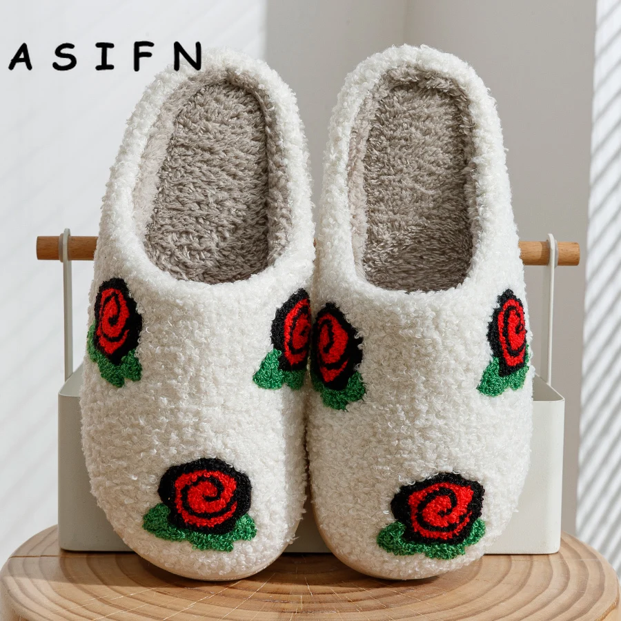 Women's Slippers Valentine's Day Rose Embroidery Fuzzy Comfy Flat Shoes Romantic Love Girl Valentine Gift Winter Homeshoes