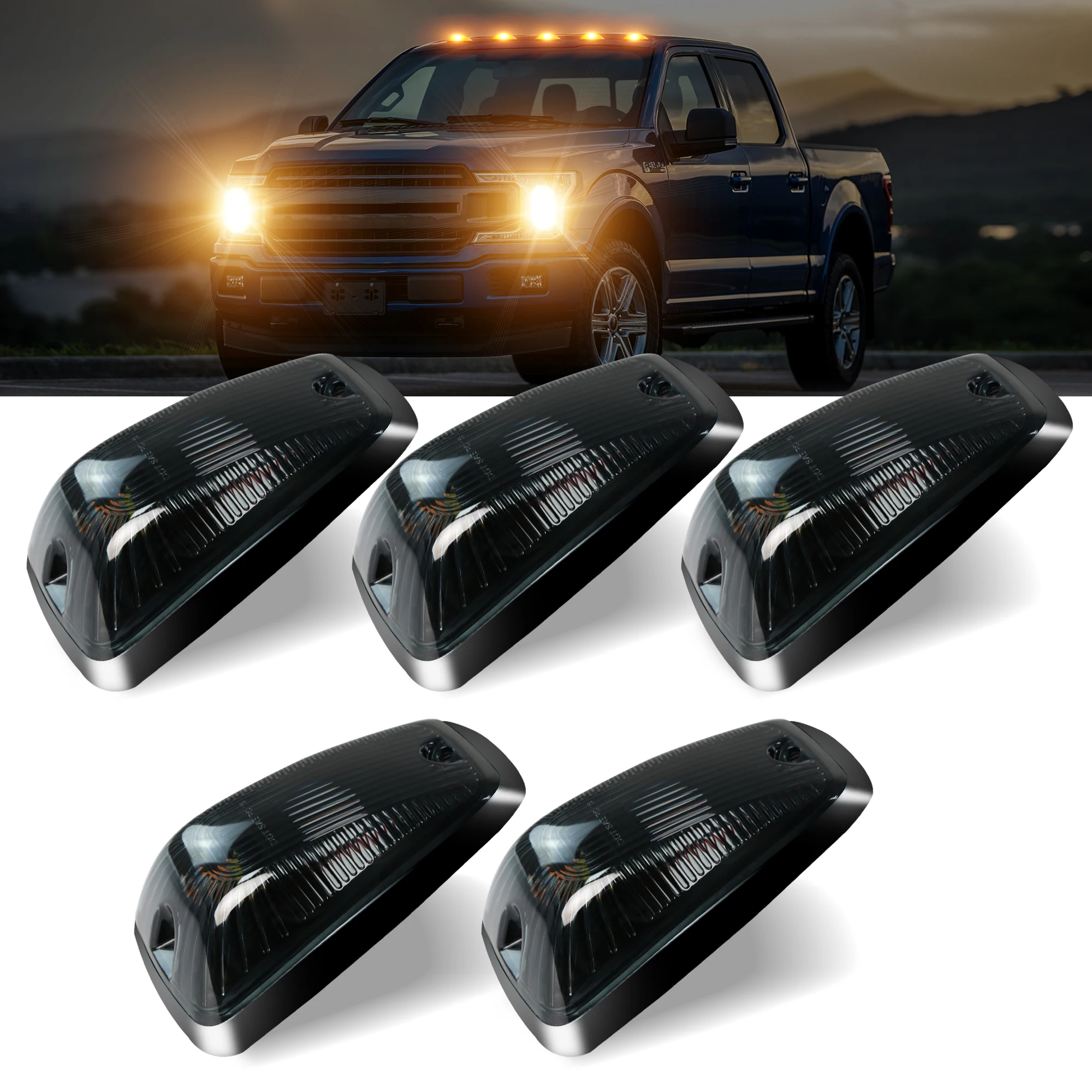 5PCS Amber/White/Smoked Chevy/GMC Cab Roof Running Car Light Cover Base with T10 5050 LED Bulbs for 1500 2500 3500 Pickup Trucks