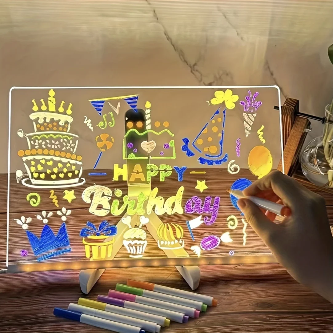 LED Acrylic Message Board with Light, Dry Erase Board with 7 Color Pens Children‘s Drawing Board Perfect for Birthday Gifts