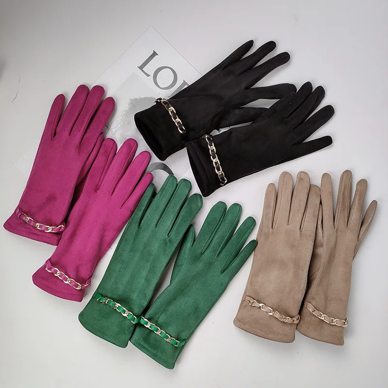 Female Suede Leather Chain Rhinestones Velvet Thick Touch Screen Driving Gloves Winter Outdoor Riding Full Finger Warm Mittens