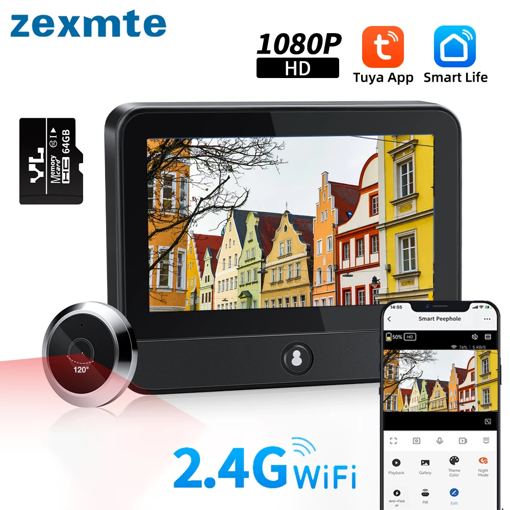 Zexmte Tuya kamera bel pintu 4.3 inci, bel pintu rumah pintar interkom Video WiFi dengan penglihatan malam PIR deteksi gerakan lubang intip