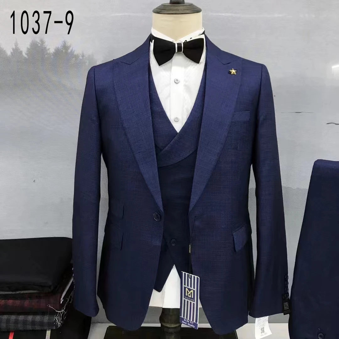 

Peak Lapel Navy Blue Suits For Men 3 Piece Casual Costume Homme Elegant Wedding Jacket+Vest+Pants Best Man Beach Wedding Blazer