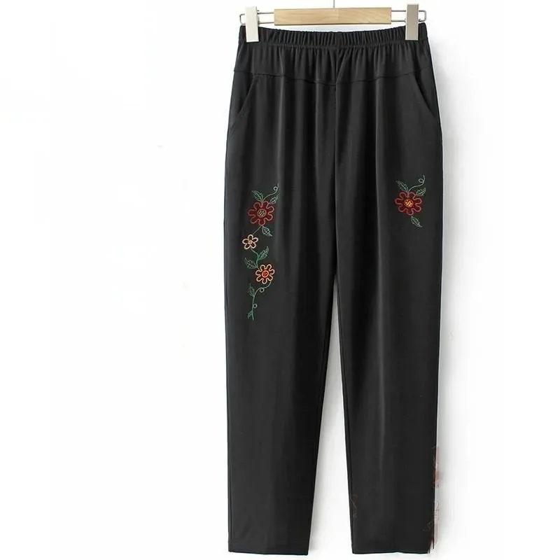 Embroidered Small Flower Solid Color Cropped Pants Loose Pants High Elasticity Fashionable Women's Plus Size Clothing High Pants