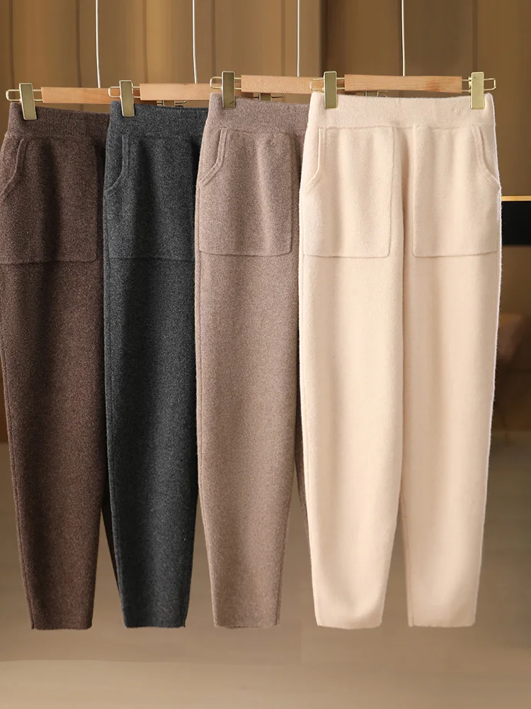 New Women Elastic-Waist  Pocket Pencil Pants Autumn Winter Solid Color 100% Merino Wool Casual  Knitting Long Popular Trousers