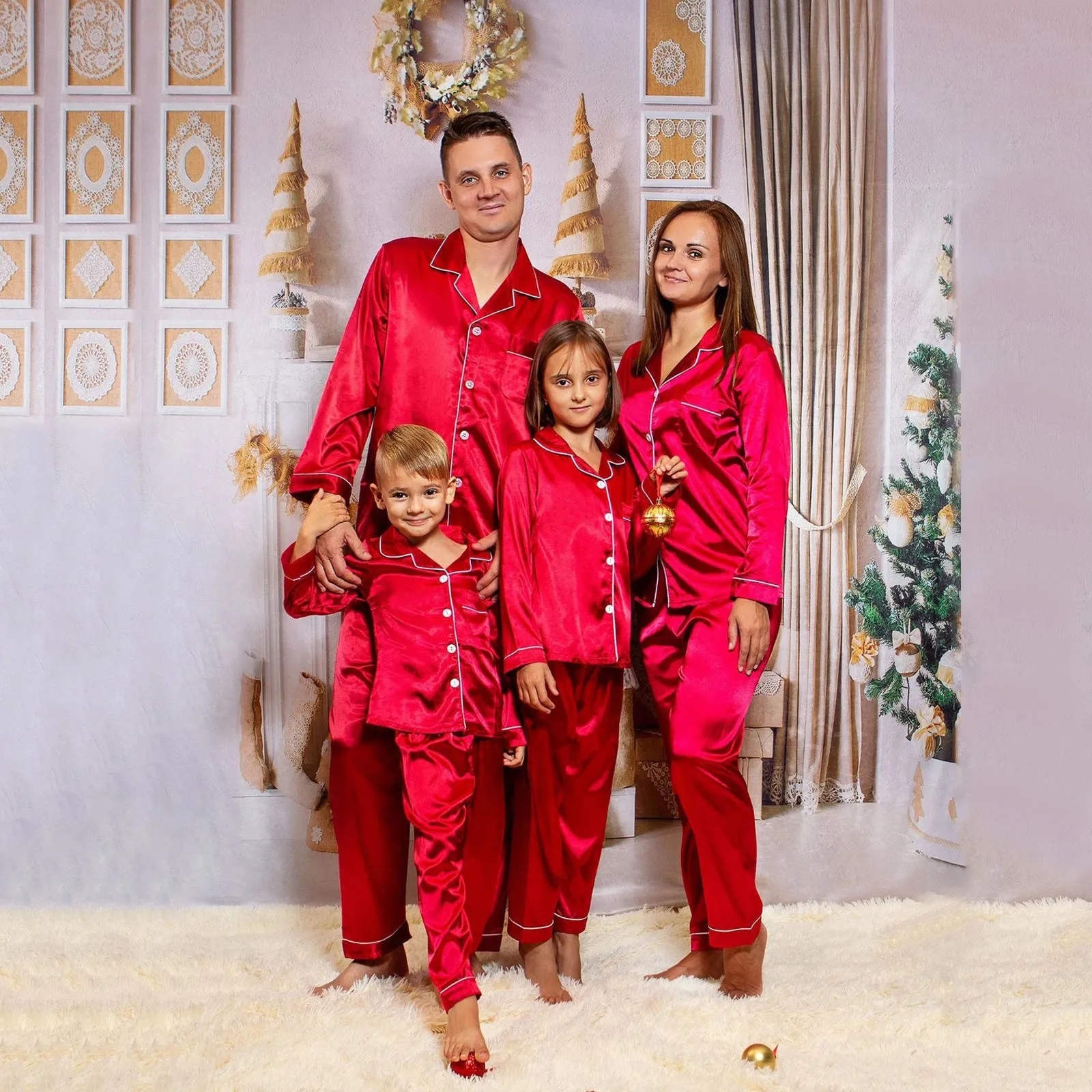 Christmas Pajamas Family Adults Kids Xmas Family Matching Outfits Look Solid Color Imitation Satin Silk Tops Pants Sleepwear