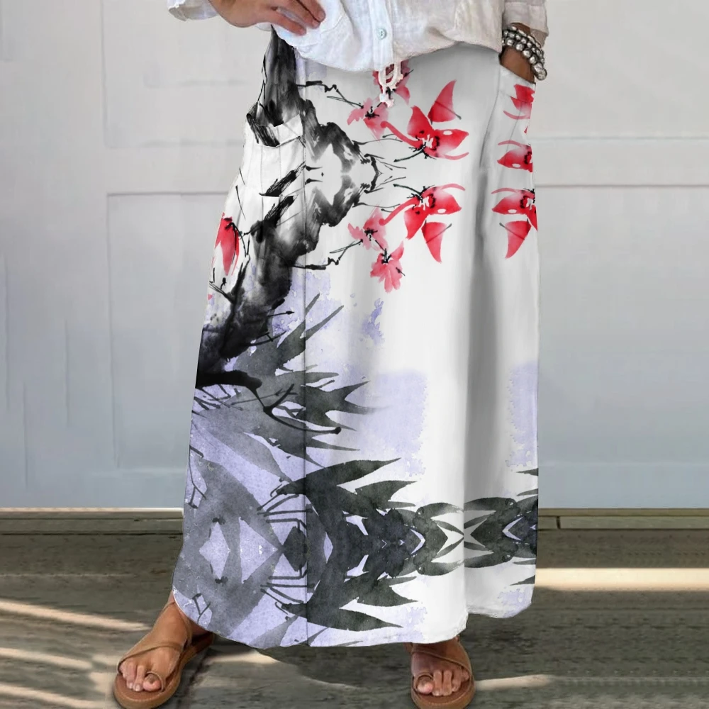 Casual National Flower Ink Painting Half Skirt Fashion One-Piece Beach Dress Oversized Elastic Waist Versatile Vacation Frock