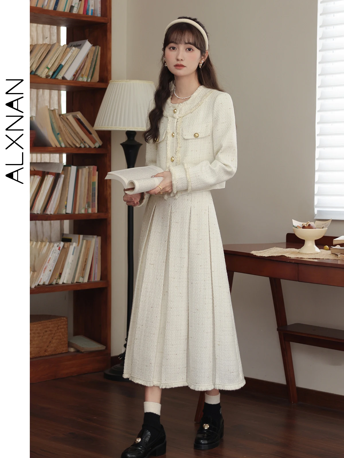 

ALXNAN Women's Midi Skirts Long A-line Elegant Tweed Skirt 2025 Autumn Winter Loose-fit Office Lady Casual Clothes New LXN31977