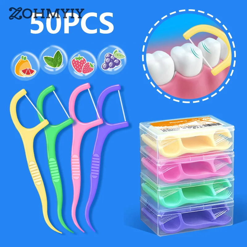 Hilo Dental con sabor a fruta, cepillo interdental de limpieza de dientes de alta resistencia, palo de dientes portátil, cuidado de la higiene, 50 unids/lote por caja