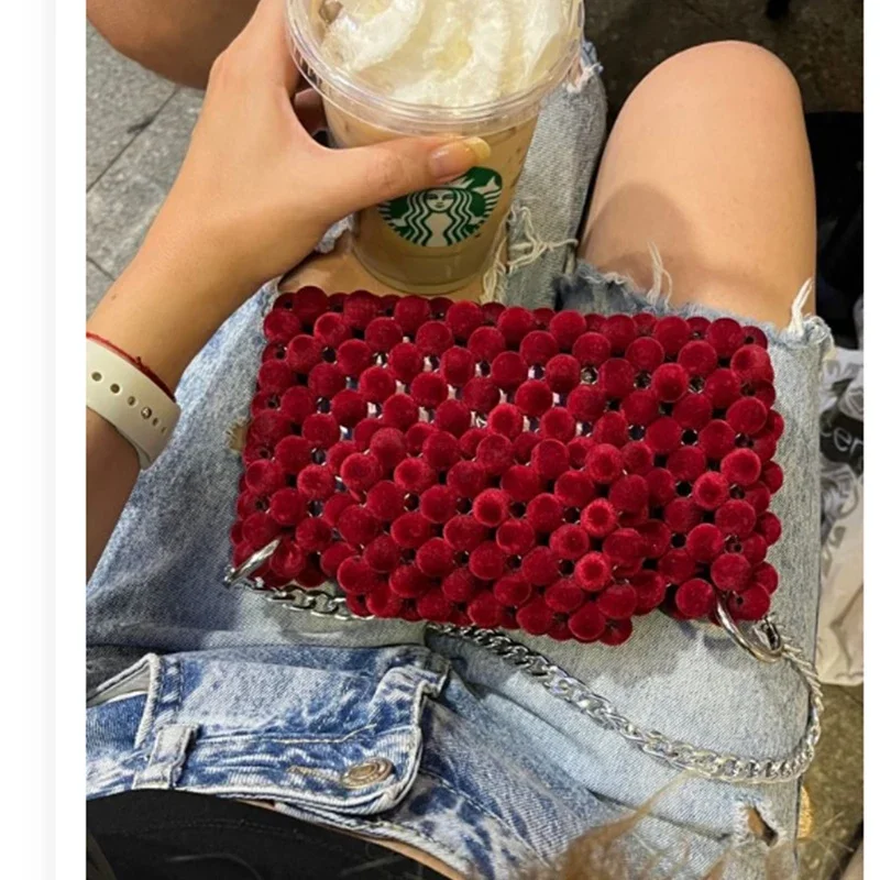 

New Summer Ins Texture Beaded Woven Flip Chain Shoulder Bags for Women Customized High-end Velvet Red Women's Bag Party Banquet