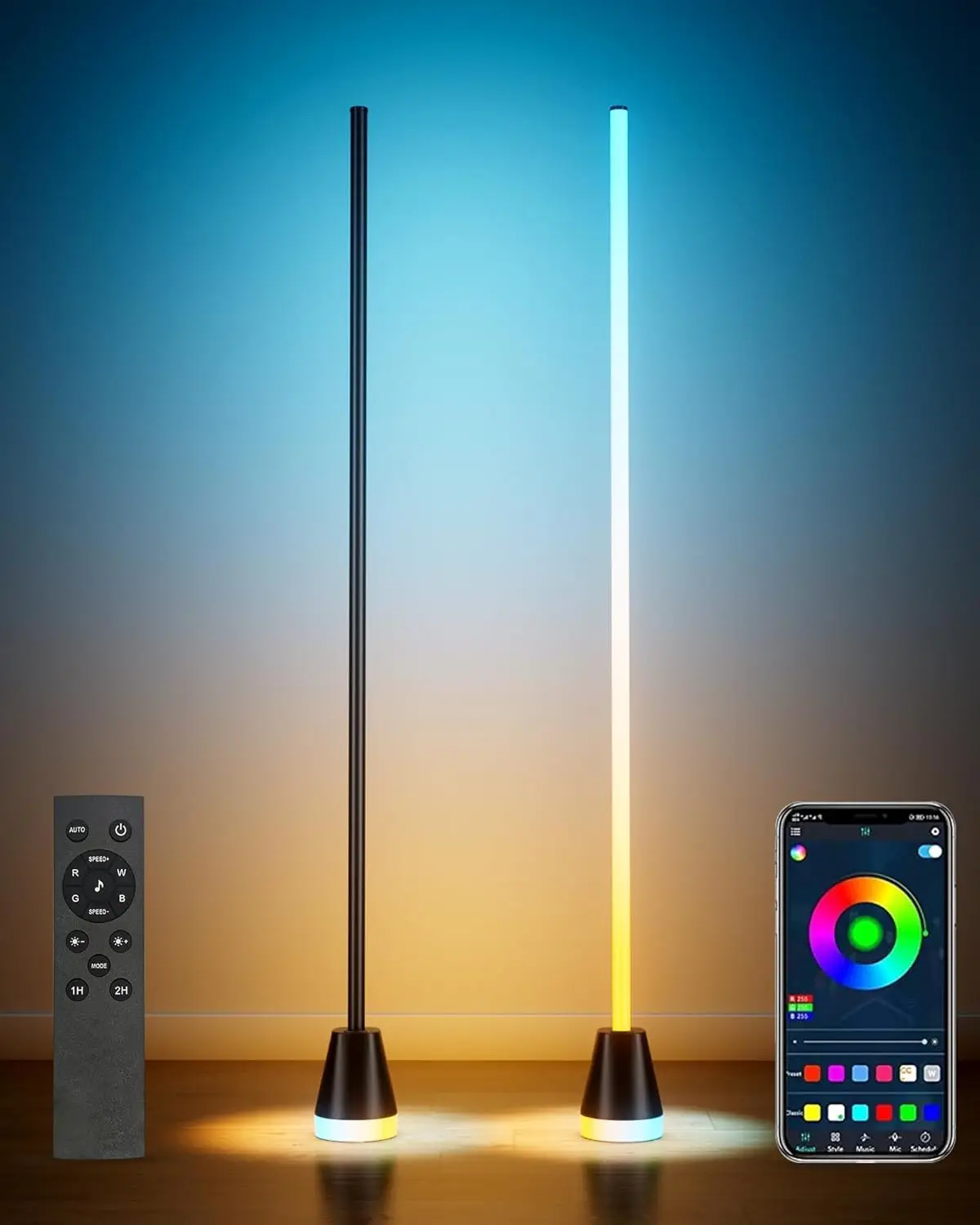 

Комплект из 2 умных RGB LED напольных ламп, 60-дюймовые светильники с управлением через приложение и пультом ДУ, синхронизация с музыкой для декора спальни и игровой комнаты