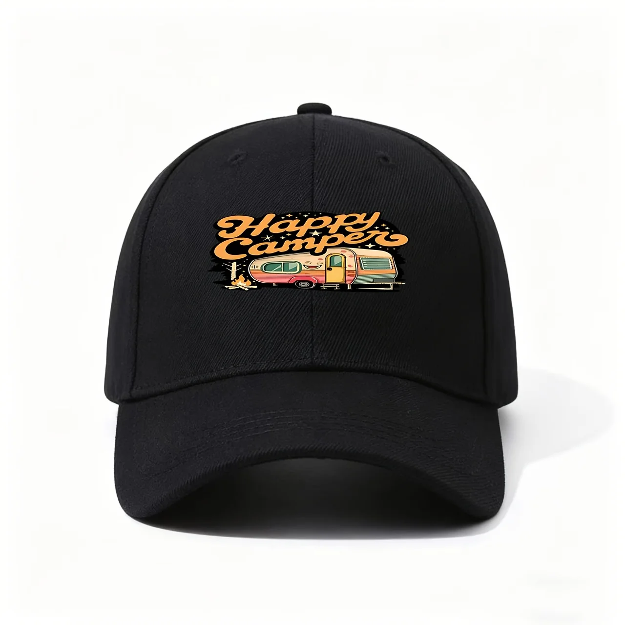 Happy Camper Trailer Illustration Hat, Perfect for Camping, Picnics, Beach Vacations, And Outdoor Adventures Versatile, Adjustab
