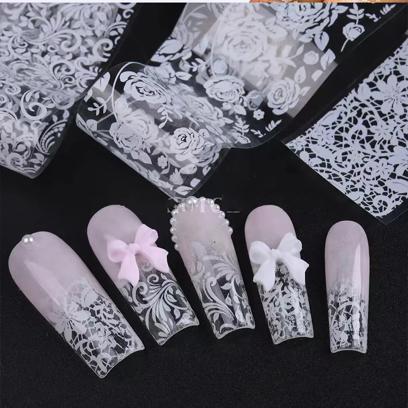 10/Pcs Japanse Stijl Ontwerpstijl Zwart En Wit Kant Eenvoudige Nail Stickerstransfer Print Stickers Diy Nail Decoratie ﻿