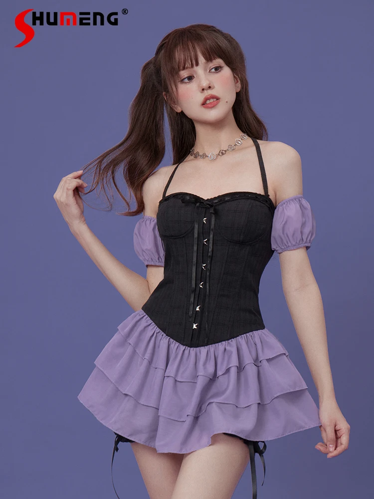 Sweet Cool Y2K Girl Clothing Lace-up Sleeveless Off-Shoulder Backless Halter Dress High Waist Pumpkin Shorts Two Piece Set Women