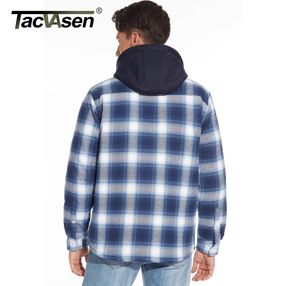 TACVASEN Flannel Plaid Shirt Jacket Mens Quilted Lined Winter Coats with Removable Hood Fall Winter Fashion Thick Hoodie Outwear