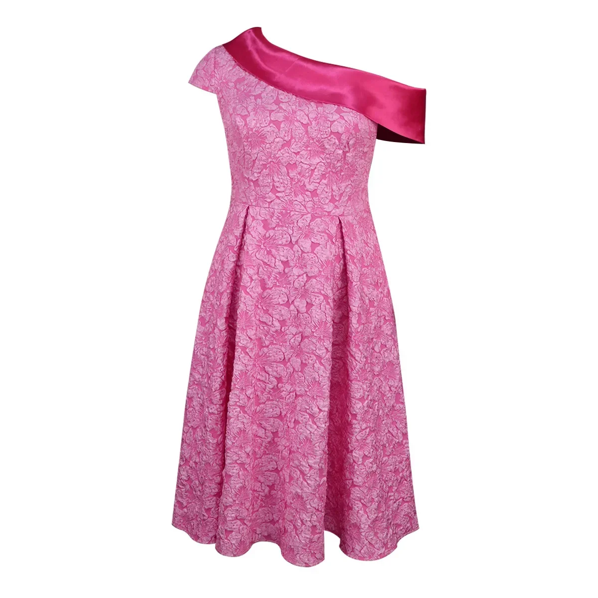 Feminino doce rosa jacquard a linha vestido inclinado pescoço manga curta cintura alta elegante plissado midi comprimento vestidos de aniversário vestido de baile