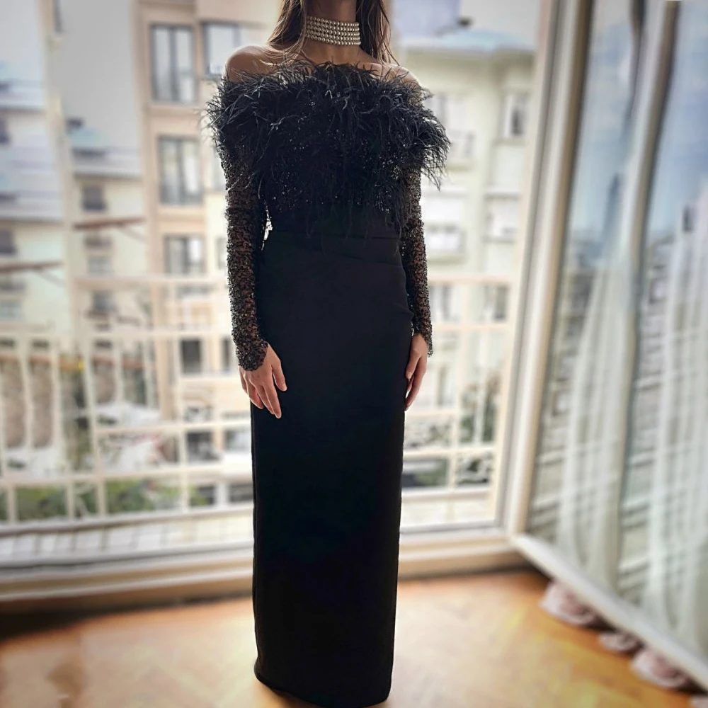 

KLEEZY Black Feather Off-Shoulder Long Sleeve Elegance Evening Dress Lady Sexy Ostrich Hair Sequin Strapless Dress Bandage Dress