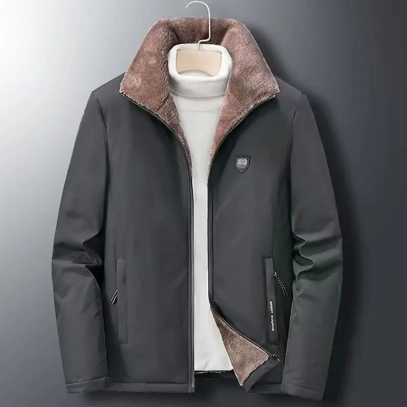 Men Winter Fleece Lined Thick Cotton Padded Coat Stand Collar Plus Size Loose Dad Jacket Warm Outdoor Outwear