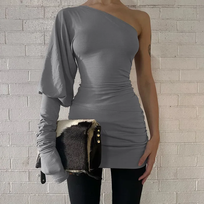 Women Sexy One Shoulder Lantern Sleeve Ruched Bodycon Mini Dress