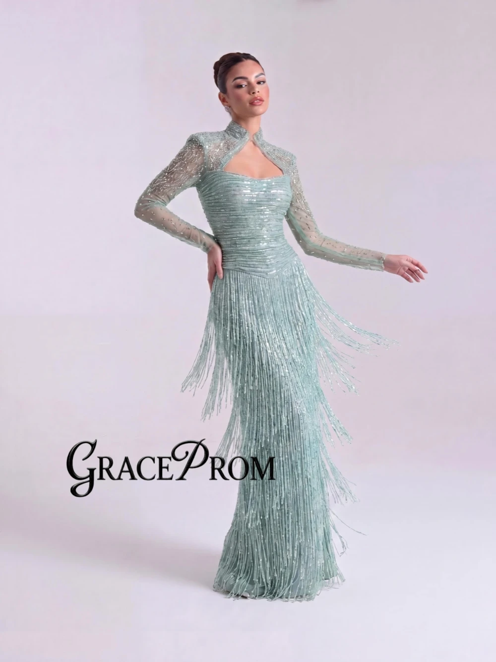 GRACEPROM Mint Green High Neck Evening Dress Long Sleeve Beaded Fringe Customized Formal Gown Keyhole Open Back Luxury Prom Wear