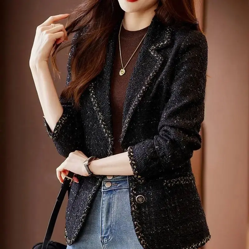

New Autumn Winter Office Lady Blazers Korean Casual Slim Woolen Suit Jacket High End Elegant Women Tweed Blazer Overcoat