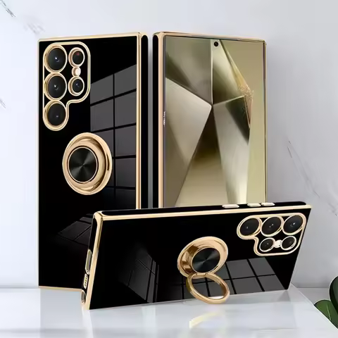 Ring Holder Plated Phone Case for Samsung Galaxy S25 Edge Note 20 Ultra S24 S23 Plus S22 S21 S20 FE Shockproof Protective Case