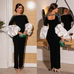 Long Sleeves Prom Dresses Satin Beading Ruffles Sheath Boat Saudi Evening Dresses Bespok Formal Occasion Wedding Party Gown 2024