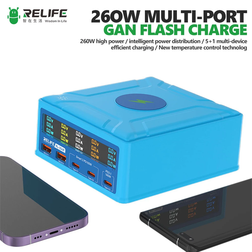 

RELIFE RL-304R Многопортовое быстрое зарядное устройство GaN 260 Вт с беспроводной зарядкой 15 Вт для мобильного телефона, планшета, ноутбука, инструменты для зарядки