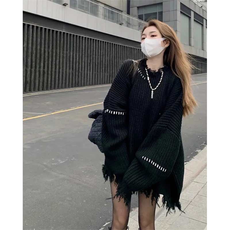 

Y2K Tassel Ripped Sweater Women Streetwear Hole Jumpers Harajuku Gothic Oversized Knitted Pullovers Vintage Irregular Knitwear