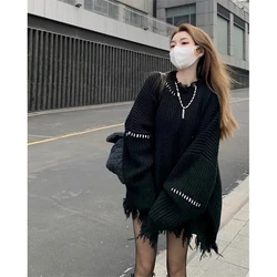 Y2K Tassel Ripped Sweater Women Streetwear Hole Jumpers Harajuku Gothic Oversized Knitted Pullovers Vintage Irregular Knitwear