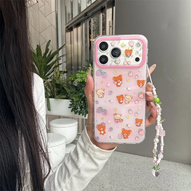 

New 2026 Shockproof Phone Case For iPhone 15 16 17 Pro Max Strawberry Print With Strawberry Beaded Wrist Strap Large Window Cove