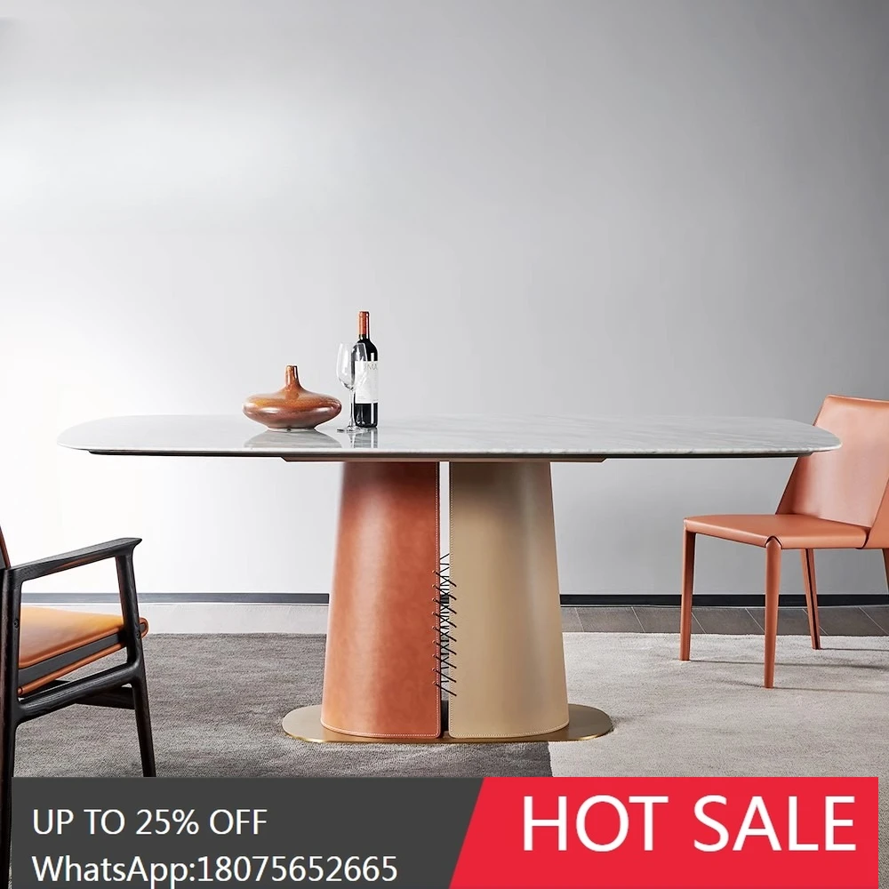 

MJY Natural Marble Dining Table Rectangular Dining Table Saddle Leather Dining Table