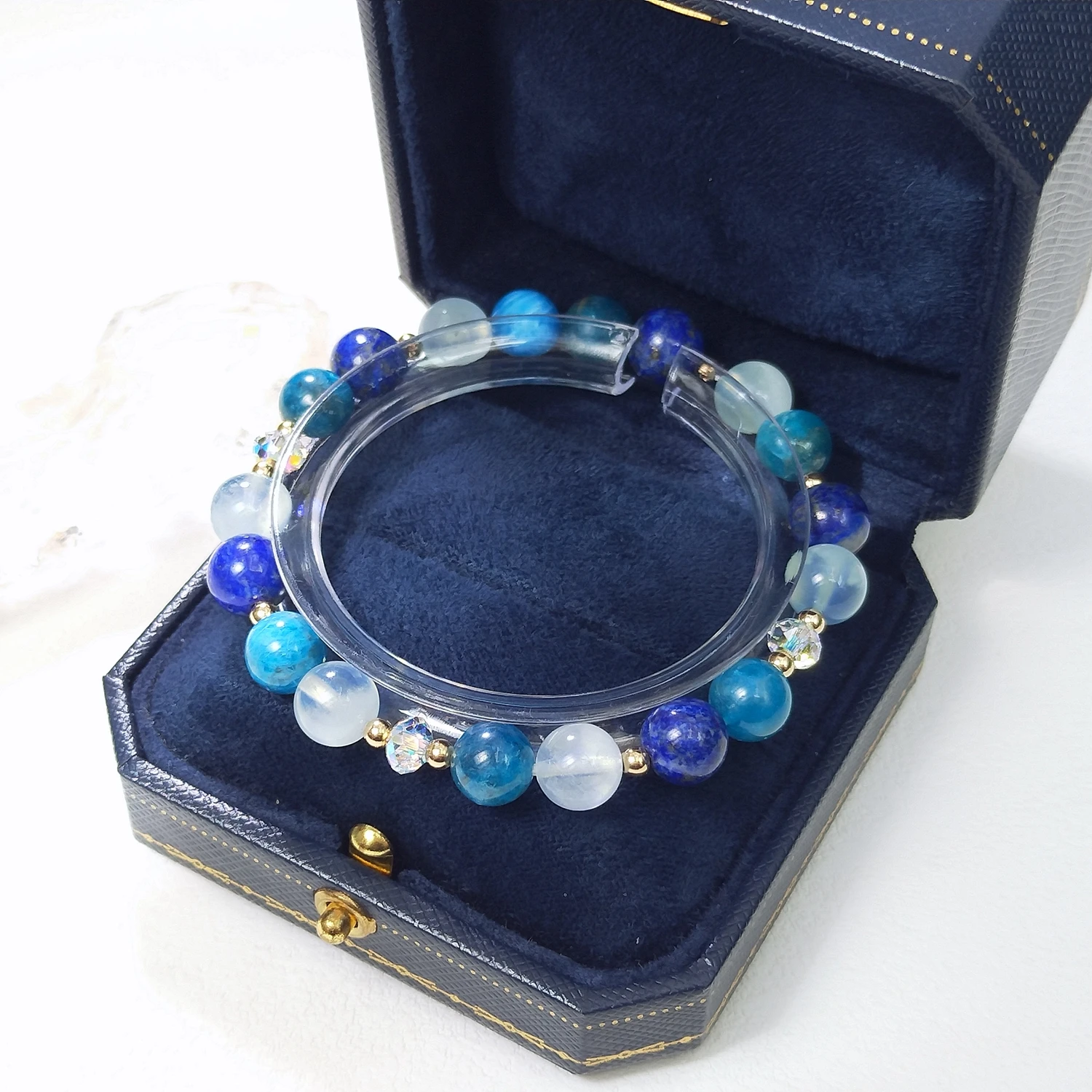 Lii Ji Natural Aquamarine Lapis Lazuli Apatite 6/8mm With Crystal American 14K Gold Filled Elastic Bracelet