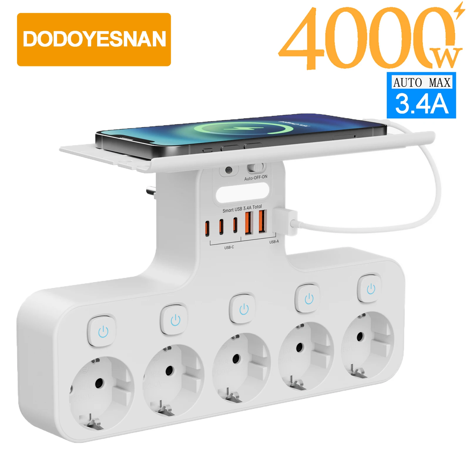 Wall Power Strip EU Plug Independent Switch Detachable Phone Holder European Standard Socket With 3 USB-A 3 USB-C Ports Charging