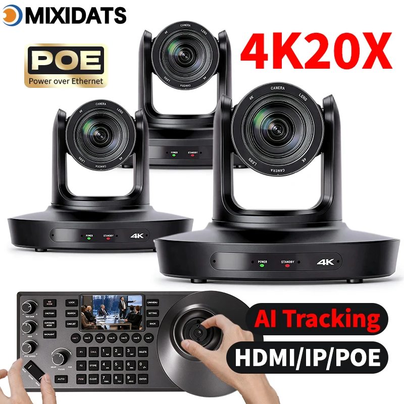 Kamera PTZ 4K z 20-krotnym zoomem, obsługująca standard NDI, przeznaczona do wideokonferencji, wyposażona w funkcję śledzenia obiektów za pomocą sztucznej inteligencji, posiada porty USB, HDMI i LAN oraz obsługuje zasilanie przez Ethernet (