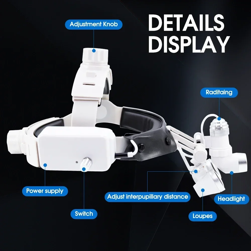 Dental 3.5x-420 Binocular Loupes with LED Headlight. Adjustable brightness, ultra-wide field of view. Headband for stability.