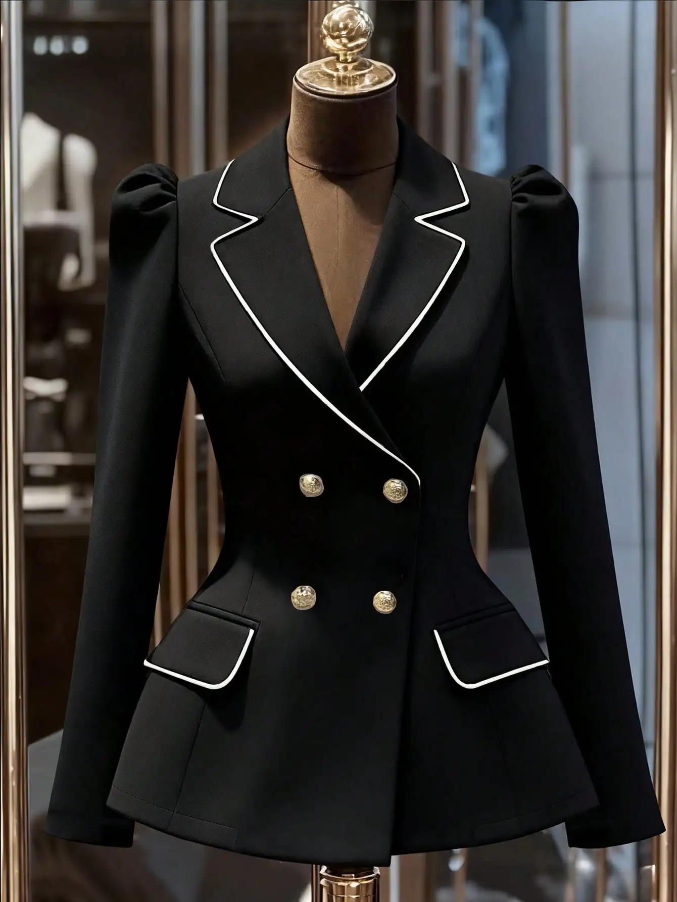 

Элегантный черный двубортный пиджак с белой отделкой и пышными рукавами для делового повседневного стиля